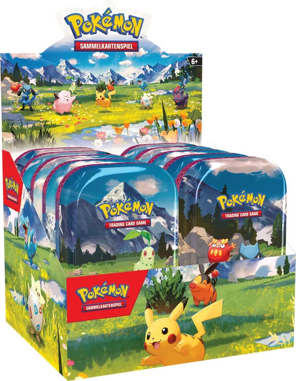 Pokémon TCG – Mega-Entwicklung Erhabene Helden Mini Tin Display – Deutsch – 10 Mini Tins / 20 Booster